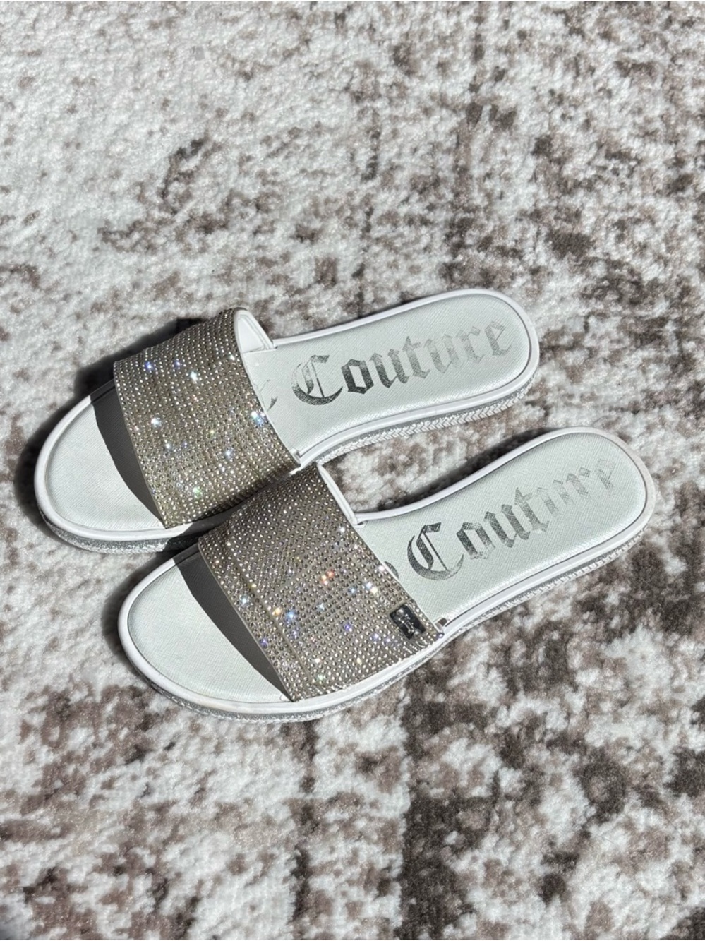 Y2K Juicy Couture Yippy White Slide Sandals with Silver Crystal Rhinestones